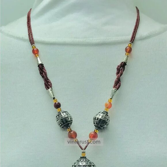 Vintage Style Tassel Necklace with Ornate Metal Beads, Statement Tribal Pendant - Picture 8 of 13